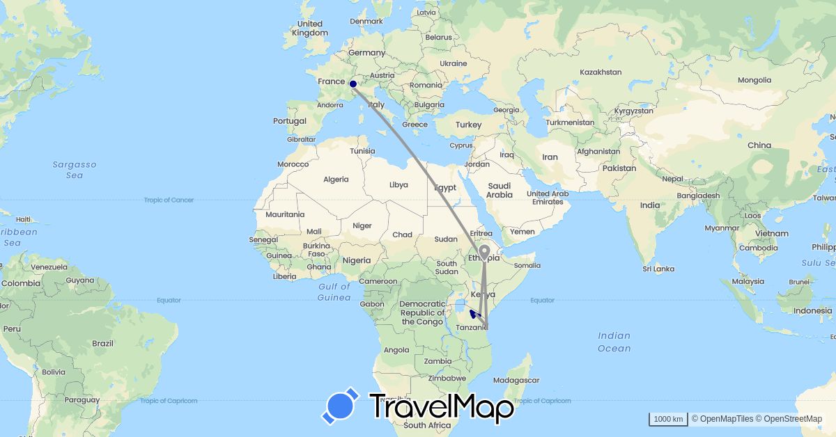 TravelMap itinerary: driving, plane, train in Switzerland, Ethiopia, Tanzania (Africa, Europe)